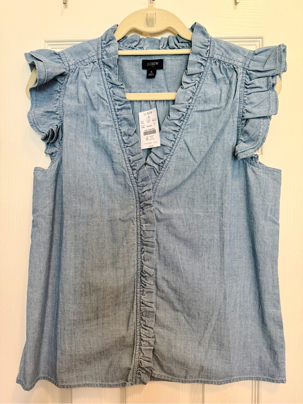 J. Crew Chambray Ruffle V-Neck Sleeveless Blouse - Light Blue